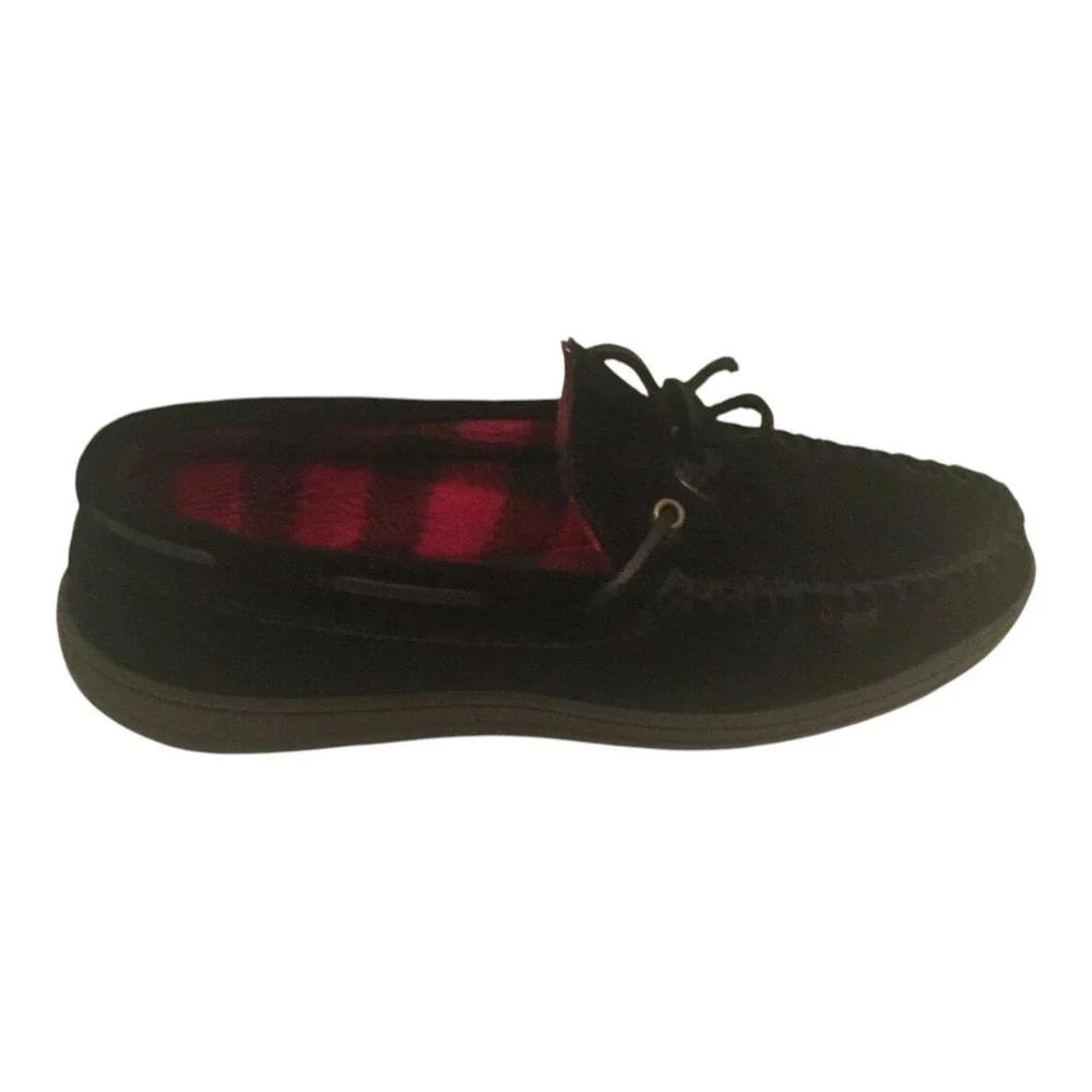 Clarks Mens Casual Moccasins Size 11M Black Leather Red Buffalo Plaid Lining